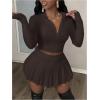 imageSOLY HUX Womens Skirt Sets 2 Piece Outfits Long Sleeve Crop Top with Pleated Mini Skirt Set Party Outfits for WomenPlain Brown