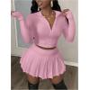imageSOLY HUX Womens Skirt Sets 2 Piece Outfits Long Sleeve Crop Top with Pleated Mini Skirt Set Party Outfits for WomenPlain Pink