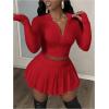 imageSOLY HUX Womens Skirt Sets 2 Piece Outfits Long Sleeve Crop Top with Pleated Mini Skirt Set Party Outfits for WomenPlain Red