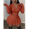 imageSOLY HUX Womens Skirt Sets 2 Piece Outfits Long Sleeve Crop Top with Pleated Mini Skirt Set Party Outfits for WomenPlain Redwood