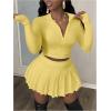 imageSOLY HUX Womens Skirt Sets 2 Piece Outfits Long Sleeve Crop Top with Pleated Mini Skirt Set Party Outfits for WomenPlain Yellow