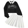 imageSOLY HUX Girls 2 Piece Outfits Letter Graphic Long Sleeve Collar Sweatshirt and Skater Skirt SetBlack