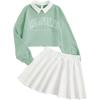 imageSOLY HUX Girls 2 Piece Outfits Letter Graphic Long Sleeve Collar Sweatshirt and Skater Skirt SetGreen Letter