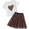 imageSOLY HUX Girls Leopard Skirt Outfits Two Piece Heart Print Short Sleeve T Shirt and Mesh Skirt SetMulticoloured
