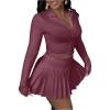 imageSOLY HUX Womens Skirt Sets 2 Piece Outfits Long Sleeve Crop Top with Pleated Mini Skirt Set Party Outfits for WomenPlain Purple