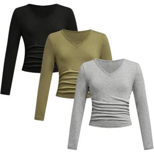imageSOLY HUX 3 Pack Girls Long Sleeve Shirts V Neck Basic TShirts Ruched Tops Spring Fall Layering Tees 812 YearsBlack Army Green Grey