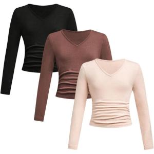 imageSOLY HUX 3 Pack Girls Long Sleeve Shirts V Neck Basic TShirts Ruched Tops Spring Fall Layering Tees 812 YearsBlack Brown Pink