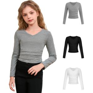 imageSOLY HUX 3 Pack Girls Long Sleeve Shirts V Neck Basic TShirts Ruched Tops Spring Fall Layering Tees 812 YearsBlack Grey White