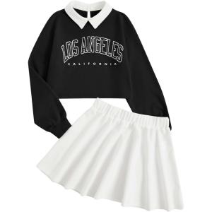 imageSOLY HUX Girls 2 Piece Outfits Letter Graphic Long Sleeve Collar Sweatshirt and Skater Skirt SetBlack