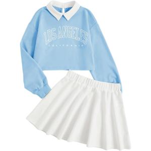 imageSOLY HUX Girls 2 Piece Outfits Letter Graphic Long Sleeve Collar Sweatshirt and Skater Skirt SetBlue Letter