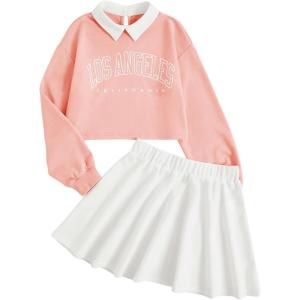 imageSOLY HUX Girls 2 Piece Outfits Letter Graphic Long Sleeve Collar Sweatshirt and Skater Skirt SetCoral Pink Letter
