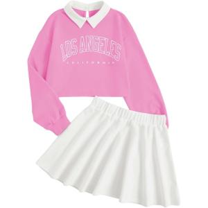 imageSOLY HUX Girls 2 Piece Outfits Letter Graphic Long Sleeve Collar Sweatshirt and Skater Skirt SetDusty Pink Letter