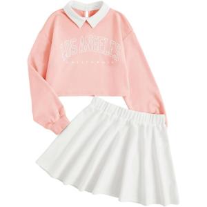 imageSOLY HUX Girls 2 Piece Outfits Letter Graphic Long Sleeve Collar Sweatshirt and Skater Skirt SetLight Pink Letter