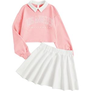imageSOLY HUX Girls 2 Piece Outfits Letter Graphic Long Sleeve Collar Sweatshirt and Skater Skirt SetPink Letter