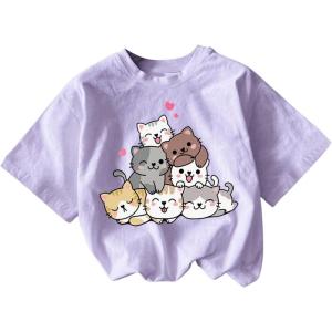 imageSOLY HUX Girls Cartoon Graphic Tees Short Sleeve Cat Print Cute T Shirt Summer TopsPurple Cartoon