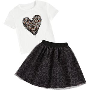 imageSOLY HUX Girls Leopard Skirt Outfits Two Piece Heart Print Short Sleeve T Shirt and Mesh Skirt SetBlack White Leopard