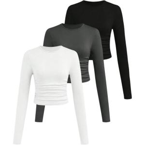 imageSOLY HUX Girls Long Sleeve T Shirts 3 Packs Crewneck Fall Tees Ruched Fitted Tee Shirt TopsDark Grey Black White