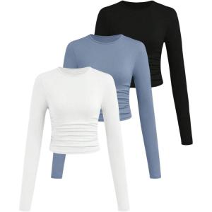 imageSOLY HUX Girls Long Sleeve T Shirts 3 Packs Crewneck Fall Tees Ruched Fitted Tee Shirt TopsDusty Blue Black White
