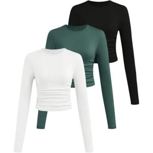 imageSOLY HUX Girls Long Sleeve T Shirts 3 Packs Crewneck Fall Tees Ruched Fitted Tee Shirt TopsGreen Black White