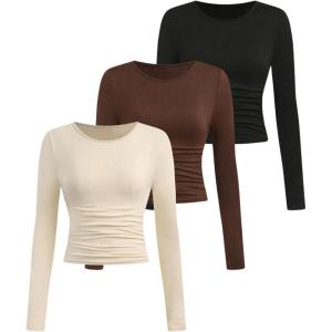 imageSOLY HUX Girls Long Sleeve T Shirts 3 Packs Crewneck Fall Tees Ruched Fitted Tee Shirt TopsKhaki Brown Black