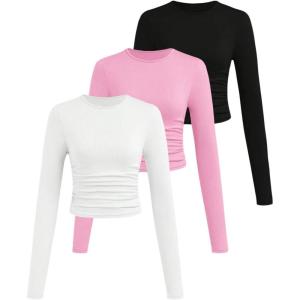 imageSOLY HUX Girls Long Sleeve T Shirts 3 Packs Crewneck Fall Tees Ruched Fitted Tee Shirt TopsPink Black White