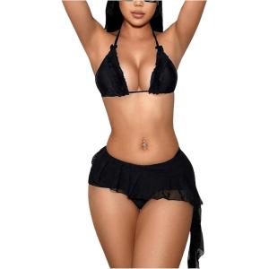imageSOLY HUX Womens 3 Piece Swimsuit Ruffle Halter Tie Back Cheeky Bikini Set with Cover Up SkirtSolid Black