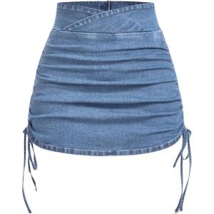 imageSOLY HUX Womens Denim Skirts Ruched High Waisted Side Drawstring Bodycon Mini Skirt Summer ClothesLight Wash