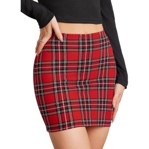 imageSOLY HUX Womens Elastic High Waist Bodycon Pencil Mini SkirtRed Plaid