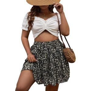 imageSOLY HUX Womens Plus Size Ditsy Floral Print Ruffle Hem Skirt Summer Boho Mini SkirtsBlack Floral