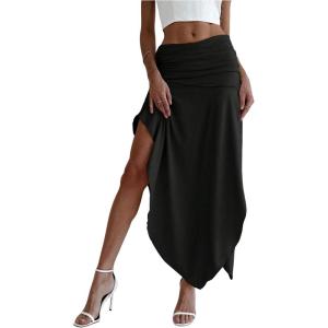 imageSOLY HUX Womens Ruched Asymmetrical Split Skirt Casual Maxi SkirtsPure Black