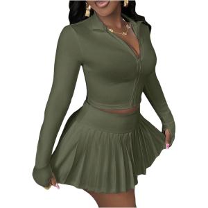 imageSOLY HUX Womens Skirt Sets 2 Piece Outfits Long Sleeve Crop Top with Pleated Mini Skirt Set Party Outfits for WomenArmy Green