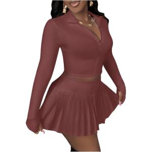 imageSOLY HUX Womens Skirt Sets 2 Piece Outfits Long Sleeve Crop Top with Pleated Mini Skirt Set Party Outfits for WomenCoffee Brown