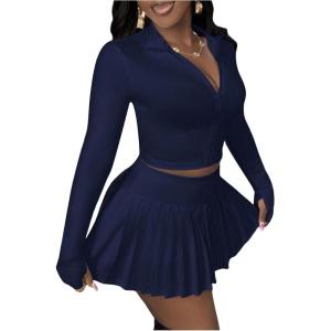 imageSOLY HUX Womens Skirt Sets 2 Piece Outfits Long Sleeve Crop Top with Pleated Mini Skirt Set Party Outfits for WomenDark Blue