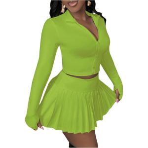 imageSOLY HUX Womens Skirt Sets 2 Piece Outfits Long Sleeve Crop Top with Pleated Mini Skirt Set Party Outfits for WomenMint Green