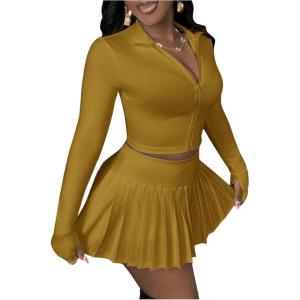 imageSOLY HUX Womens Skirt Sets 2 Piece Outfits Long Sleeve Crop Top with Pleated Mini Skirt Set Party Outfits for WomenMustard Yellow