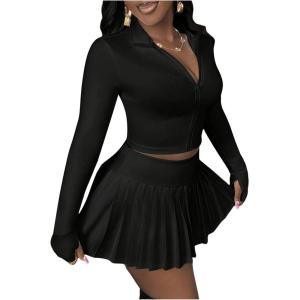 imageSOLY HUX Womens Skirt Sets 2 Piece Outfits Long Sleeve Crop Top with Pleated Mini Skirt Set Party Outfits for WomenPlain Black