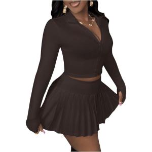 imageSOLY HUX Womens Skirt Sets 2 Piece Outfits Long Sleeve Crop Top with Pleated Mini Skirt Set Party Outfits for WomenPlain Brown
