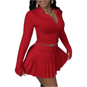 imageSOLY HUX Womens Skirt Sets 2 Piece Outfits Long Sleeve Crop Top with Pleated Mini Skirt Set Party Outfits for WomenPlain Red