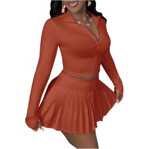 imageSOLY HUX Womens Skirt Sets 2 Piece Outfits Long Sleeve Crop Top with Pleated Mini Skirt Set Party Outfits for WomenPlain Redwood