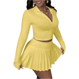 imageSOLY HUX Womens Skirt Sets 2 Piece Outfits Long Sleeve Crop Top with Pleated Mini Skirt Set Party Outfits for WomenPlain Yellow