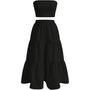 imageSOLY HUX Womens Summer 2 Piece Skirt Outfits Strapless Crop Tube Top and Ruffle Flowy Skirt SetPlain Black