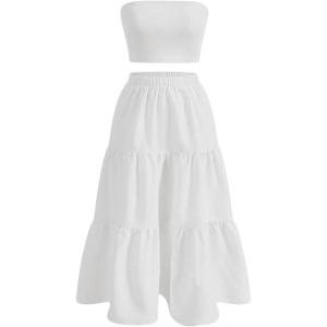 imageSOLY HUX Womens Summer 2 Piece Skirt Outfits Strapless Crop Tube Top and Ruffle Flowy Skirt SetPlain White