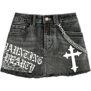 imageSOLY HUX Womens Y2K Gothic Bodycon Denim Skirts Grunge Punk Mini Skirt Music Festival OutfitsBlack Printed