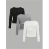 imageSOLY HUX Girls 3 Piece T Shirt Crew Neck Long Sleeve Ruched Crop Tops Slim Fit Solid Basic TeeBlack Grey and White