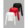 imageSOLY HUX Girls 3 Piece T Shirt Crew Neck Long Sleeve Ruched Crop Tops Slim Fit Solid Basic TeeBlack Red and White