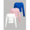 imageSOLY HUX Girls 3 Piece T Shirt Crew Neck Long Sleeve Ruched Crop Tops Slim Fit Solid Basic TeeBlue Pink and White