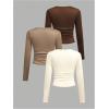 imageSOLY HUX Girls 3 Piece T Shirt Crew Neck Long Sleeve Ruched Crop Tops Slim Fit Solid Basic TeeBrown Khaki and Apricot