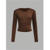 imageSOLY HUX Girls 3 Piece T Shirt Crew Neck Long Sleeve Ruched Crop Tops Slim Fit Solid Basic TeeBrown Khaki and Apricot