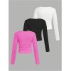 imageSOLY HUX Girls 3 Piece T Shirt Crew Neck Long Sleeve Ruched Crop Tops Slim Fit Solid Basic TeeHotpink White and Black