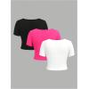 imageSOLY HUX Girls Crop Tops Cute Clothes 3 Pack Square Neck Short Sleeve T Shirts Basic Slim Fitted TeesHot Pink White Black